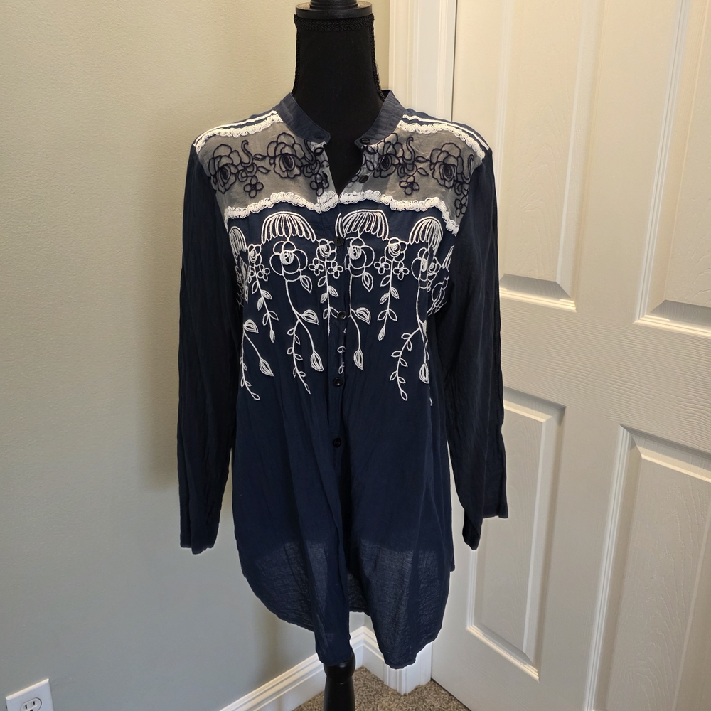 Elegant Navy Blue Men's Shirt Jacket with Embroidery